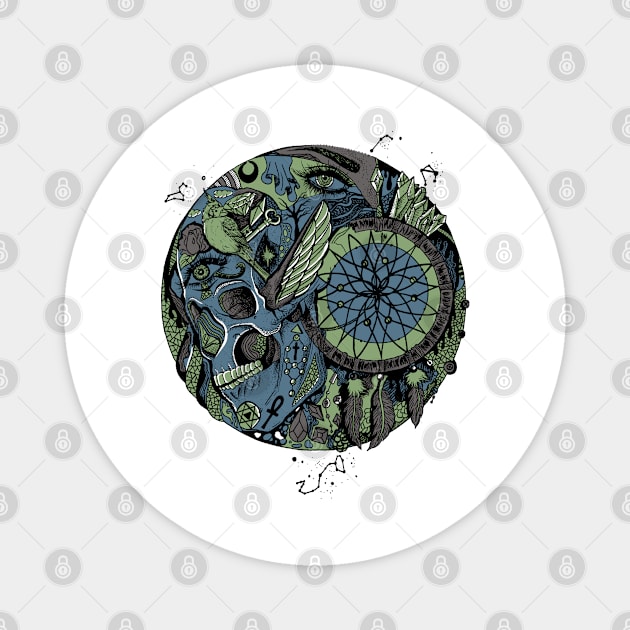 Mellow Cool Skull and Dreamcatcher Circle Magnet by kenallouis